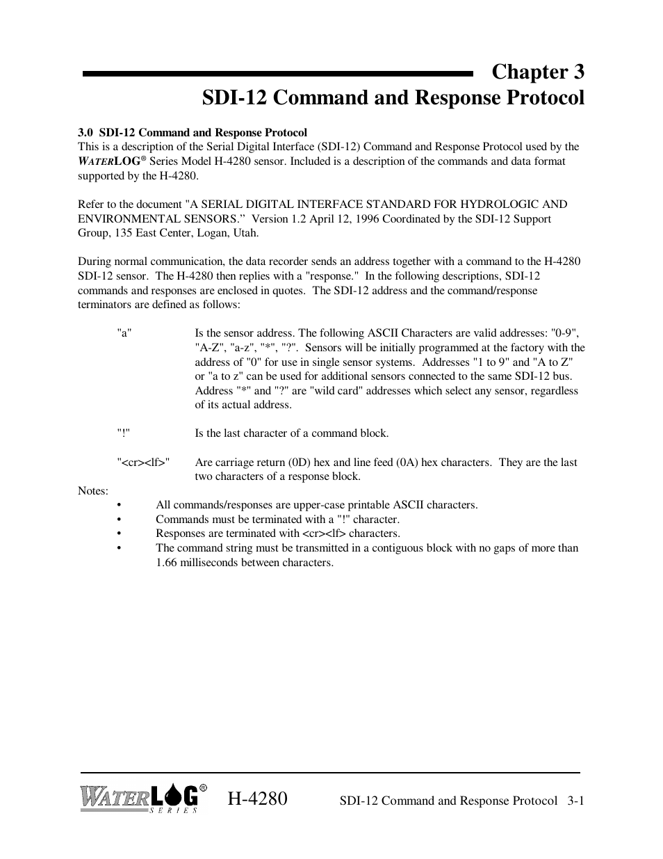 Chapter 3 sdi-12 command and response protocol, H-4280 | Xylem H-4280 User Manual | Page 13 / 34