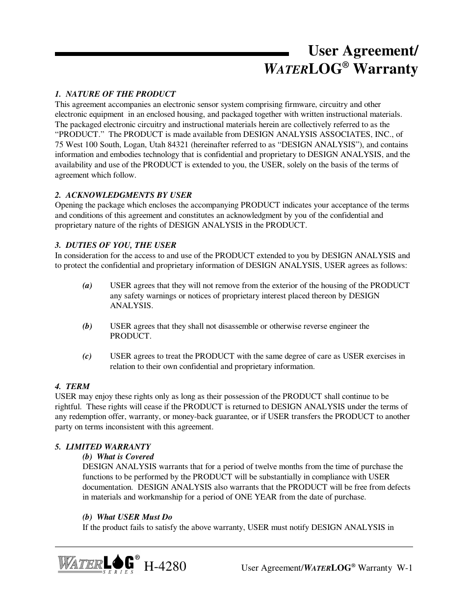 User agreement/ w, Warranty, H-4280 | Ater | Xylem H-4280 User Manual | Page 3 / 34