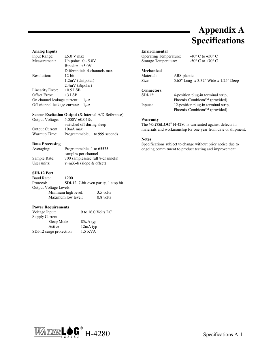 Appendix a specifications, H-4280, Specifications a-1 | Xylem H-4280 User Manual | Page 33 / 34