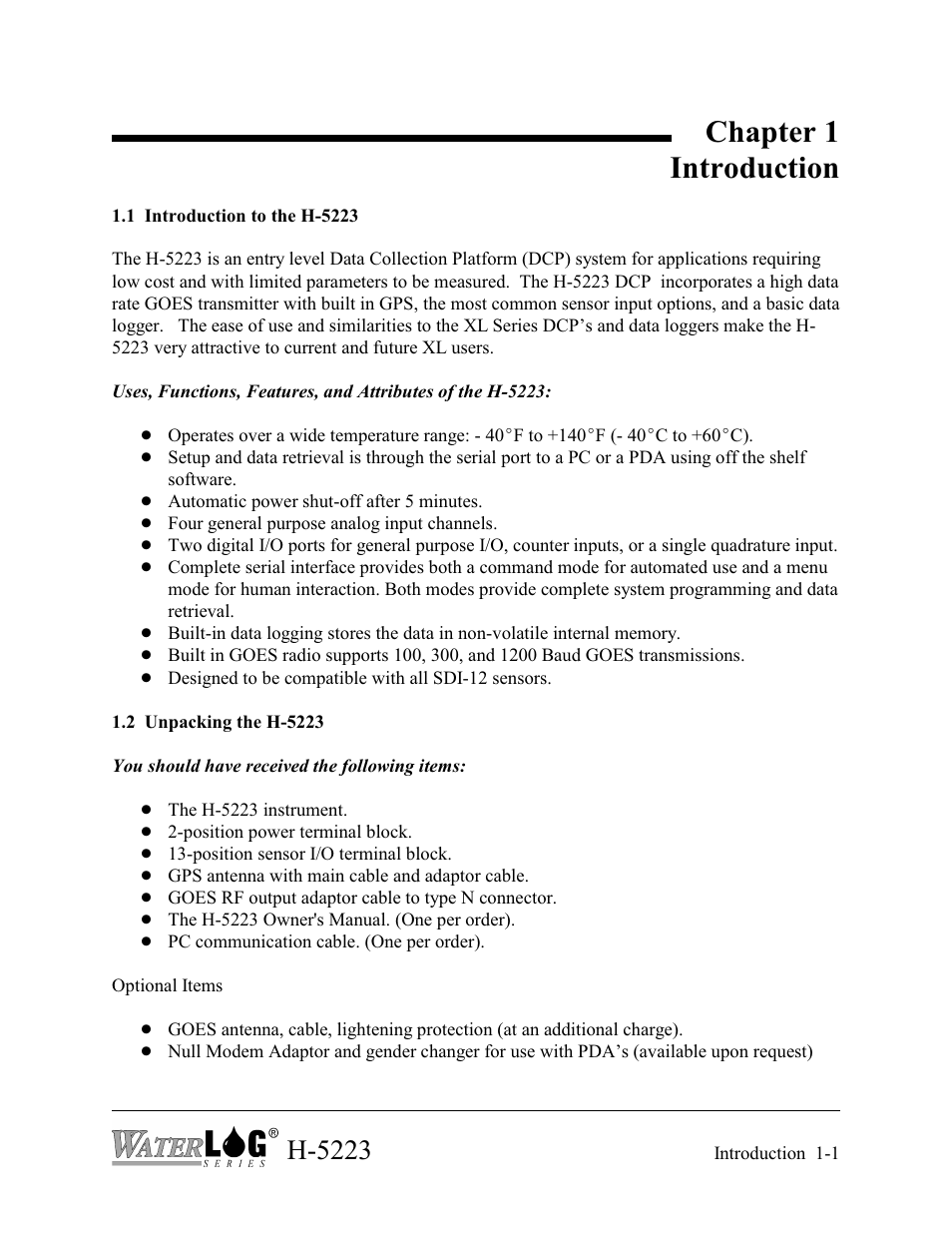 Ch01, Chapter 1 introduction, H-5223 | Xylem H-5223 User Manual | Page 12 / 107