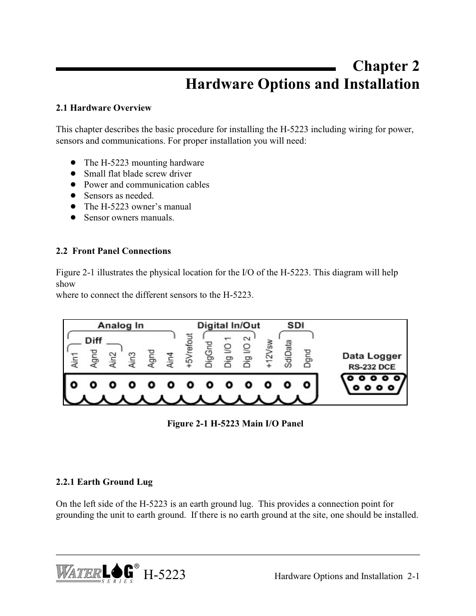 Ch02, Chapter 2 hardware options and installation, H-5223 | Xylem H-5223 User Manual | Page 15 / 107