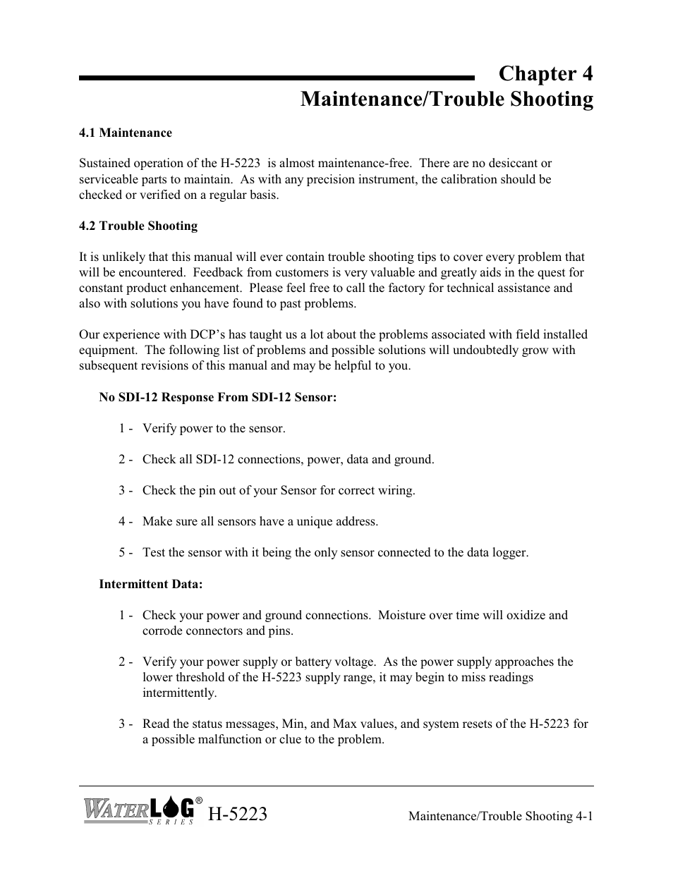 2 trouble shooting, Chapter 4 maintenance/trouble shooting, H-5223 | Xylem H-5223 User Manual | Page 50 / 107