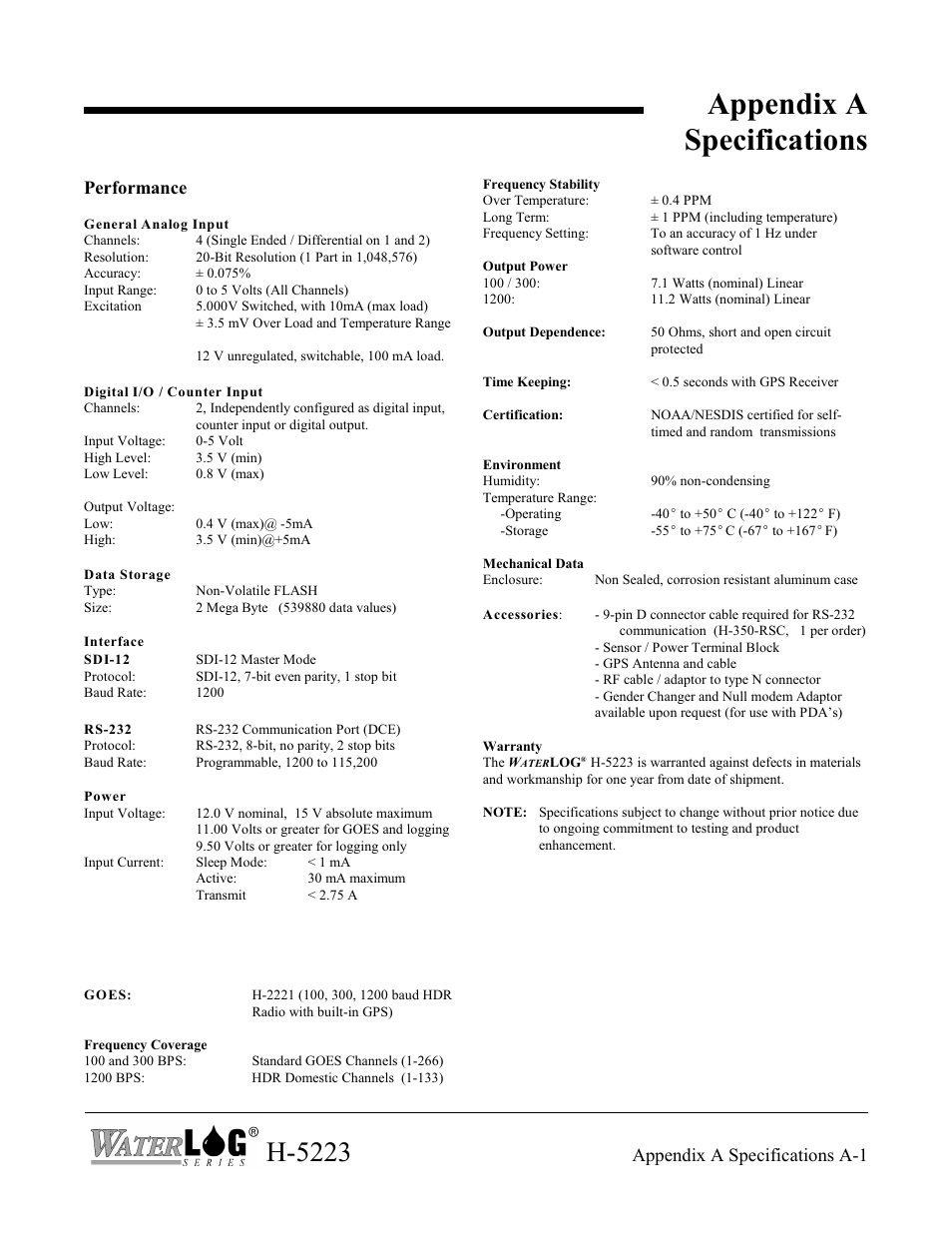 Appendix a specifications, H-5223, Performance | Appendix a specifications a-1 | Xylem H-5223 User Manual | Page 52 / 107