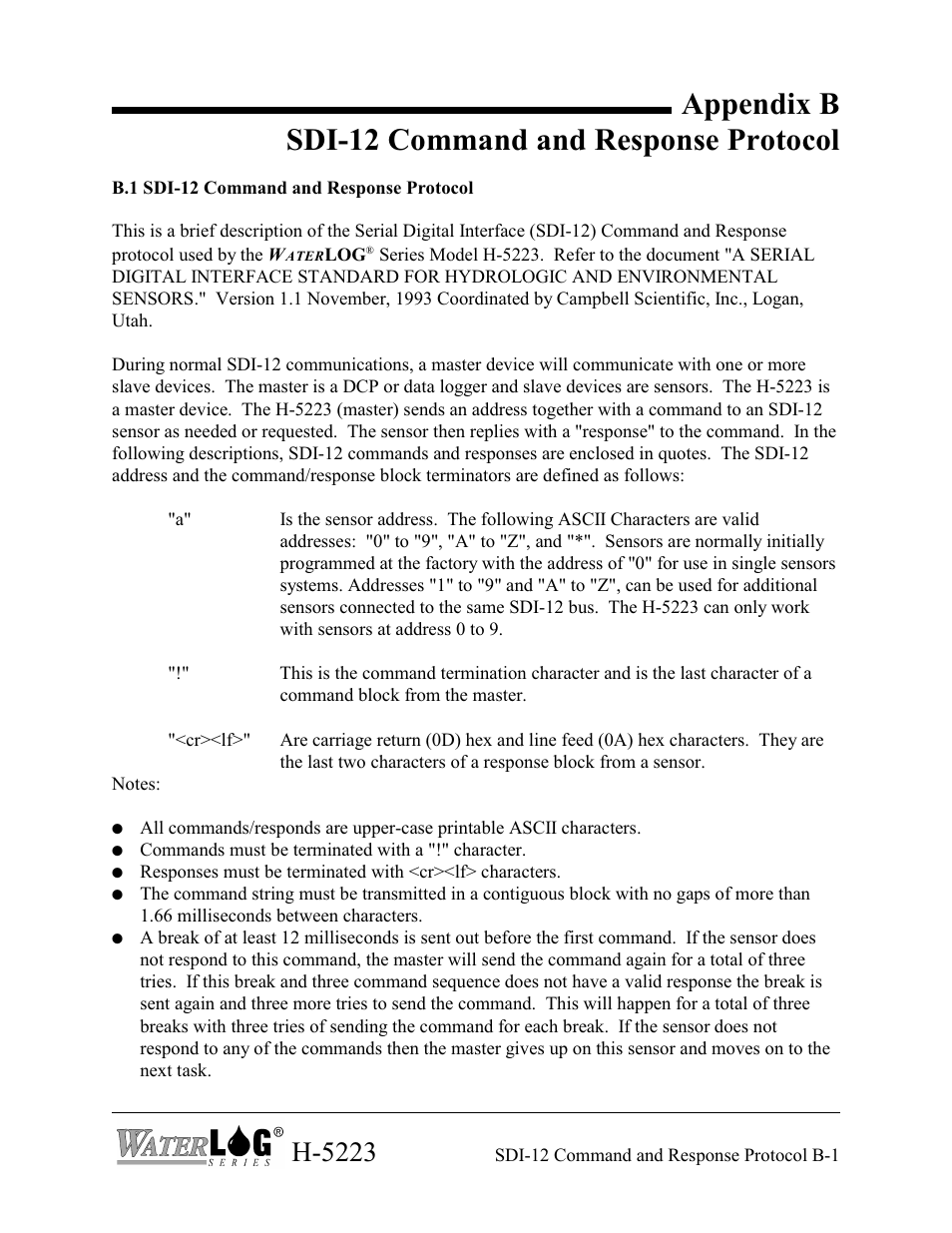 1 sdi-12 command and response protocol, Appendix b sdi-12 command and response protocol, H-5223 | Xylem H-5223 User Manual | Page 54 / 107