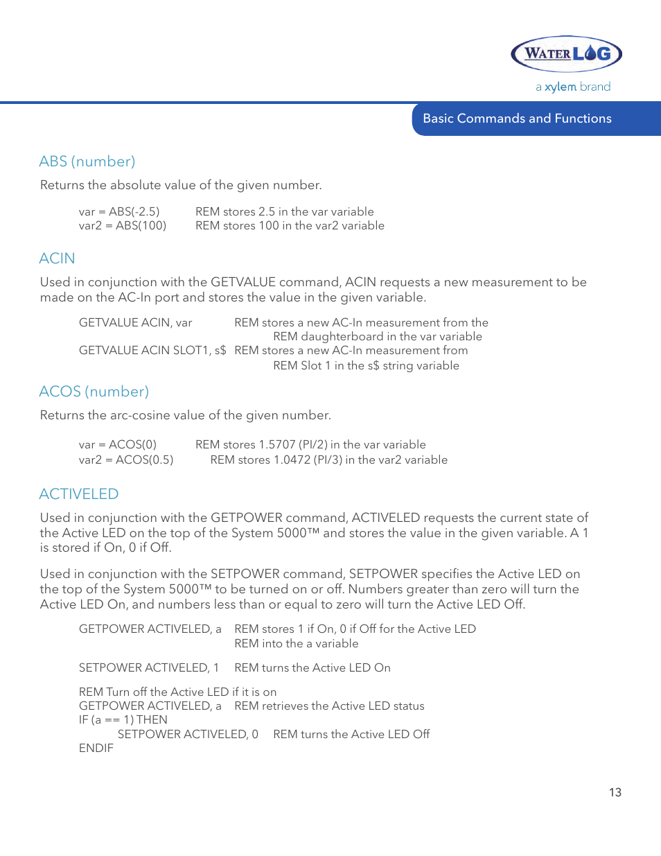 Abs (number), Acin, Acos (number) | Activeled | Xylem System 5000 BASIC Manual User Manual | Page 15 / 54