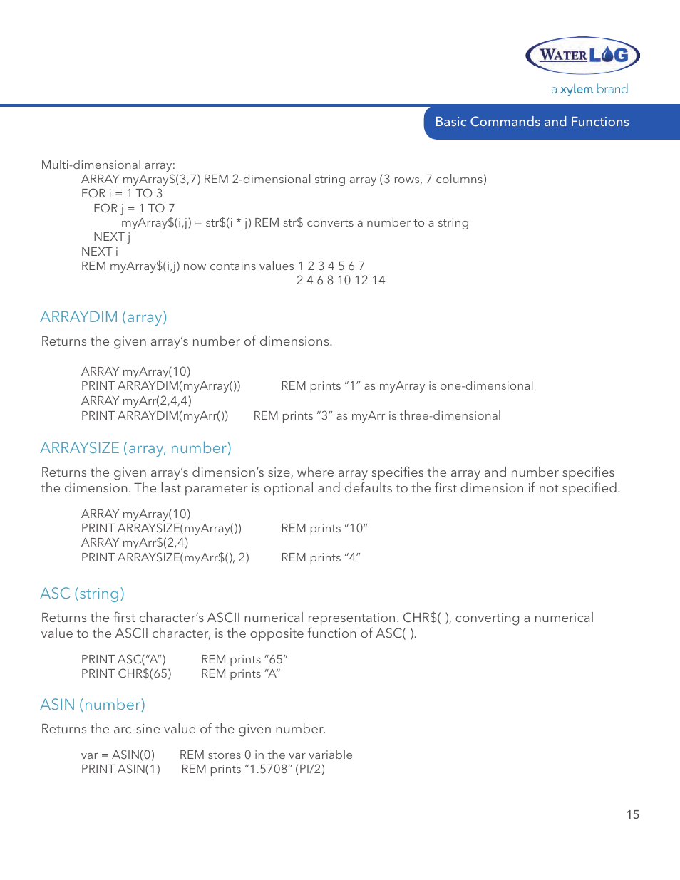Arraydim (array), Arraysize (array, number), Asc (string) | Asin (number) | Xylem System 5000 BASIC Manual User Manual | Page 17 / 54