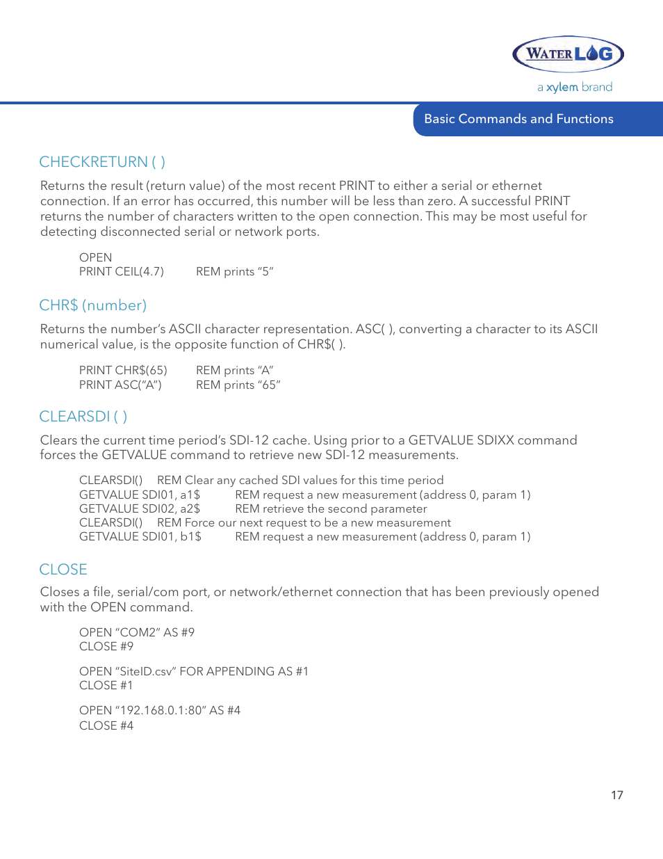 Checkreturn ( ), Close, Chr$ (number) | Clearsdi ( ) | Xylem System 5000 BASIC Manual User Manual | Page 19 / 54