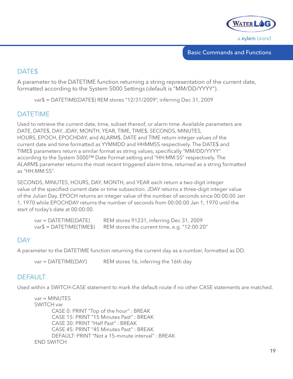 Date, Datetime, Default | Xylem System 5000 BASIC Manual User Manual | Page 21 / 54