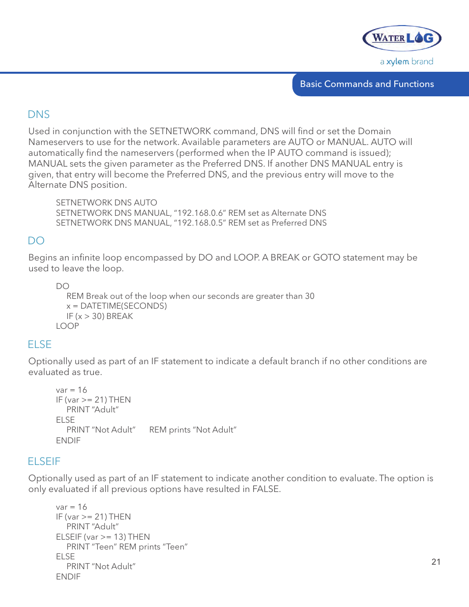 Else, Elseif | Xylem System 5000 BASIC Manual User Manual | Page 23 / 54