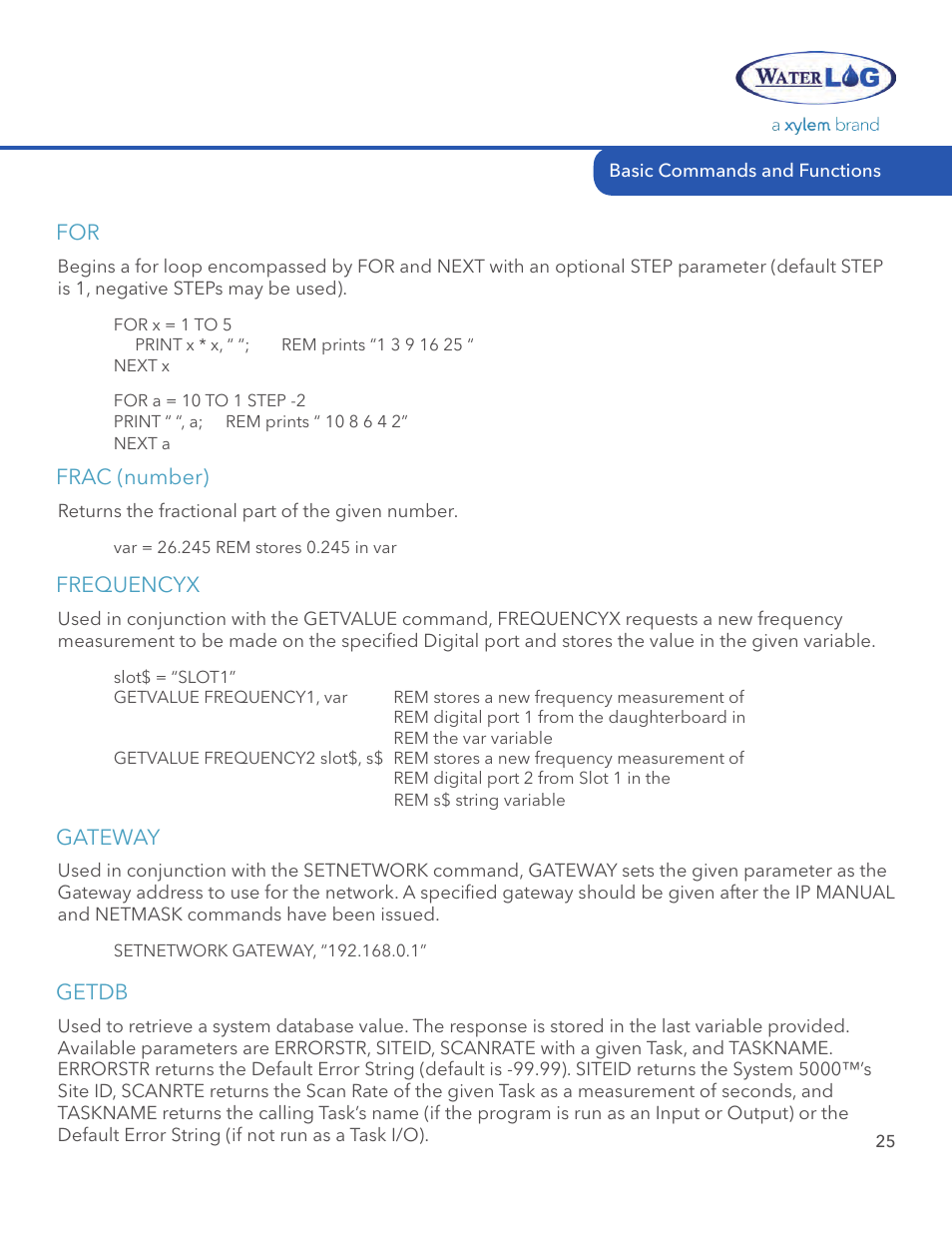 Frac (number), Gateway, Frequencyx | Getdb | Xylem System 5000 BASIC Manual User Manual | Page 27 / 54
