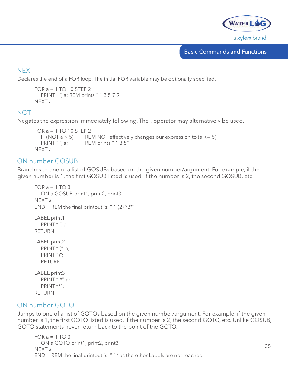 Next, On number gosub, On number goto | Xylem System 5000 BASIC Manual User Manual | Page 37 / 54