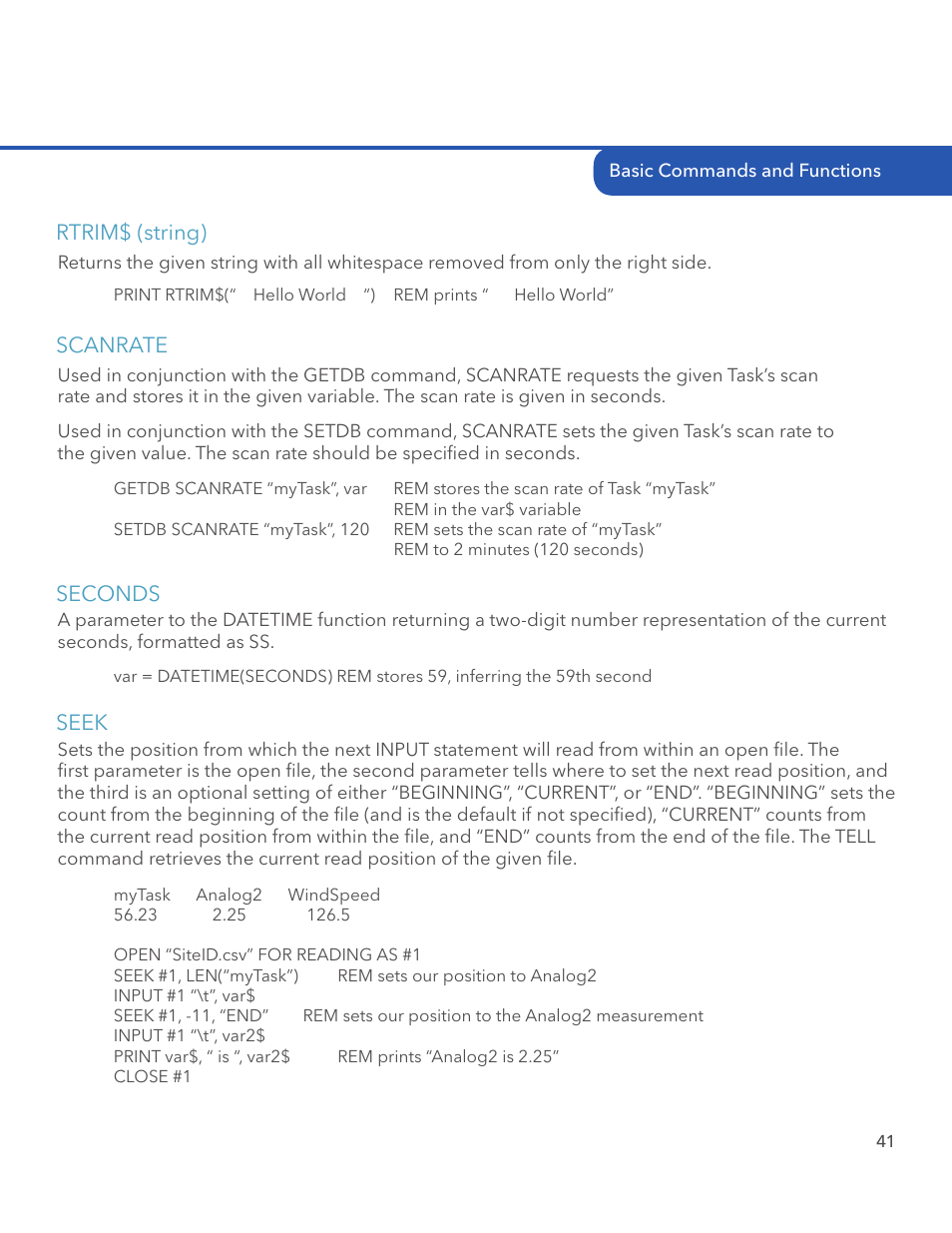 Rtrim$ (string), Scanrate, Seconds | Seek | Xylem System 5000 BASIC Manual User Manual | Page 43 / 54