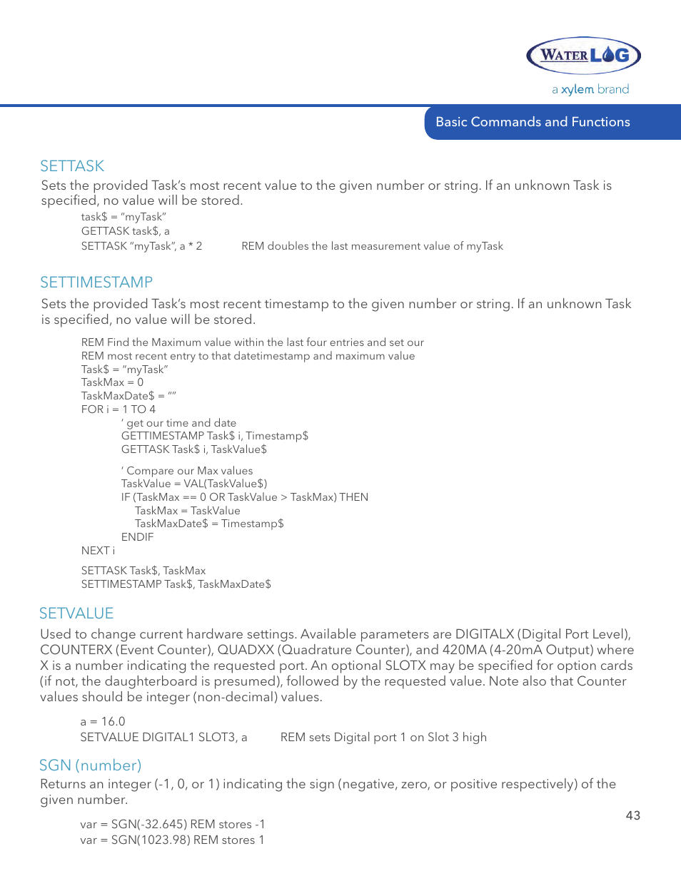 Settimestamp, Setvalue, Sgn (number) settask | Xylem System 5000 BASIC Manual User Manual | Page 45 / 54