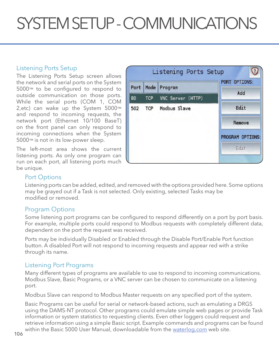 System setup - communications | Xylem System 5000 User Manual User Manual | Page 108 / 136