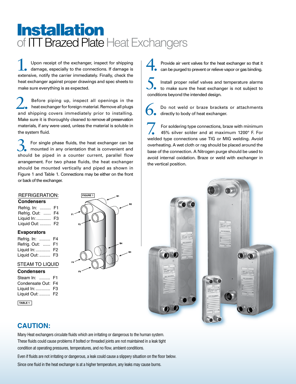 Installation, Of itt brazed plate heat exchangers, Caution | Xylem BrazedPlate Heat Exchangers User Manual | Page 2 / 4