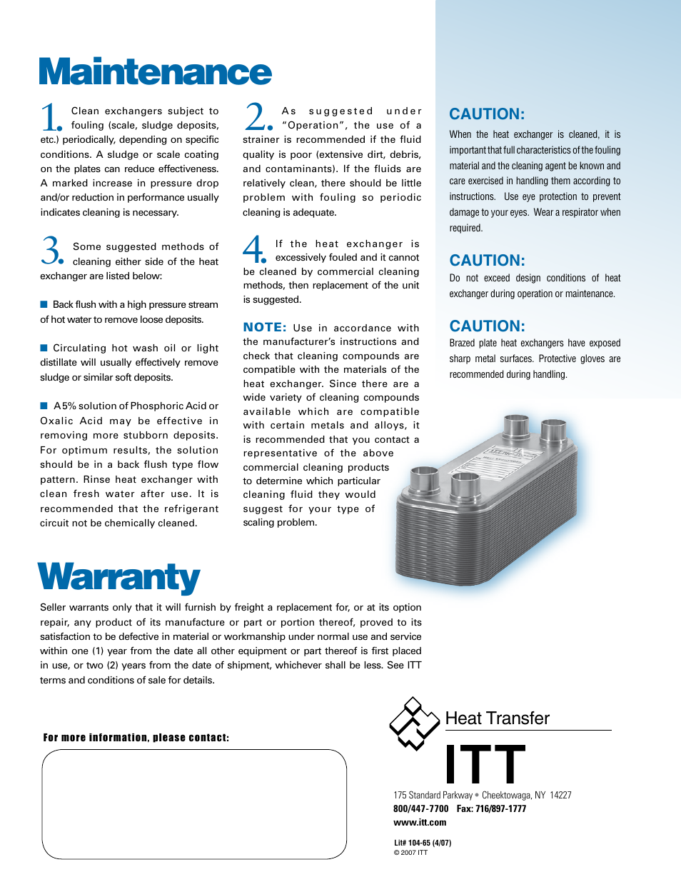 Maintenance, Warranty, Heat transfer | Xylem BrazedPlate Heat Exchangers User Manual | Page 4 / 4