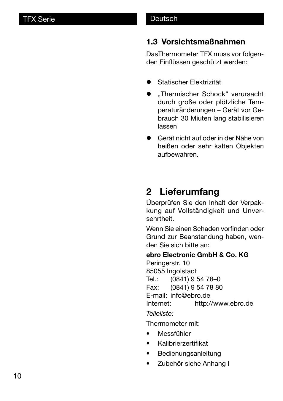 2 lieferumfang, 3 vorsichtsmaßnahmen | Xylem TFX Serie User Manual | Page 10 / 38