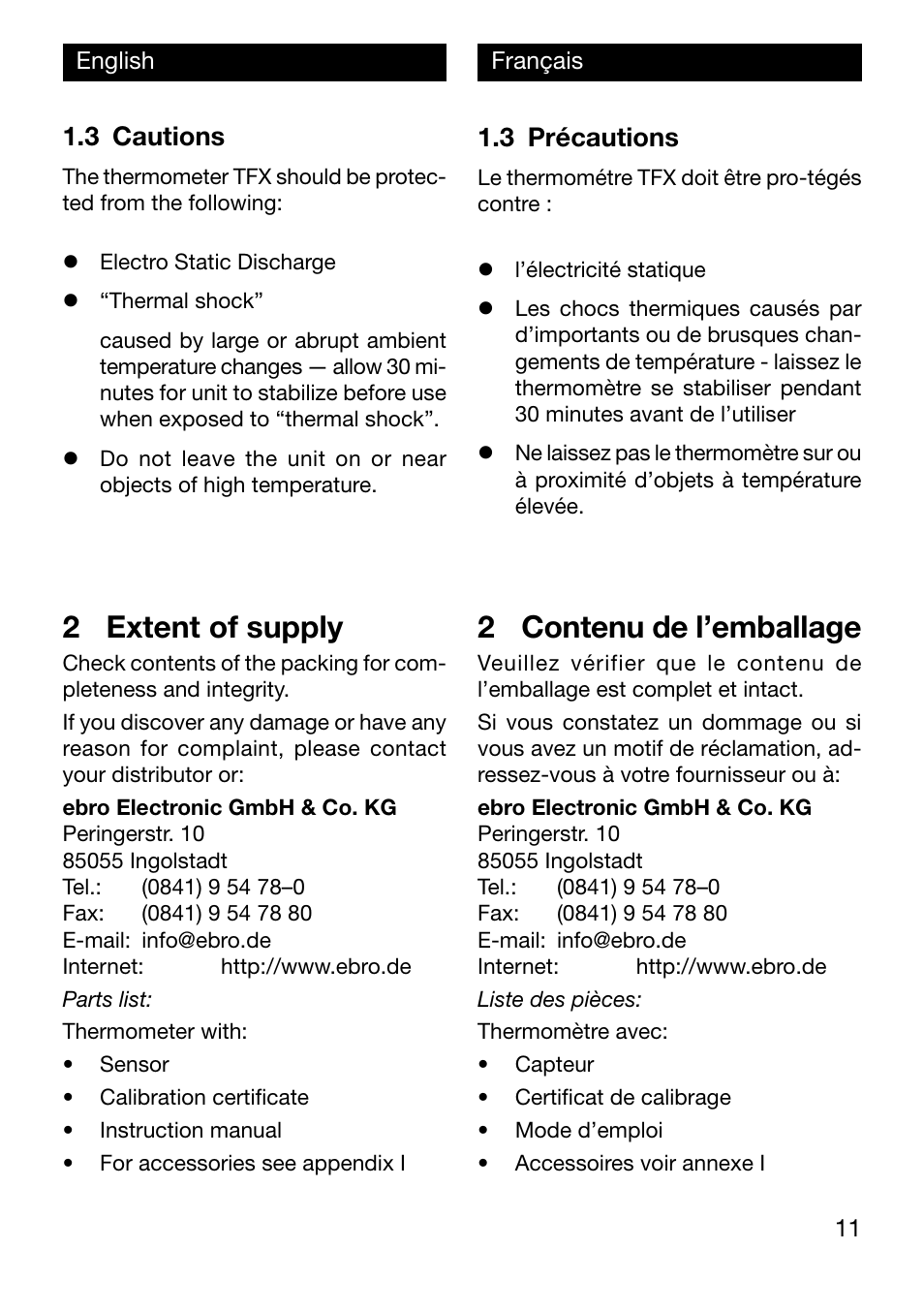 2 extent of supply, 2 contenu de l’emballage, 3 cautions | 3 précautions | Xylem TFX Serie User Manual | Page 11 / 38