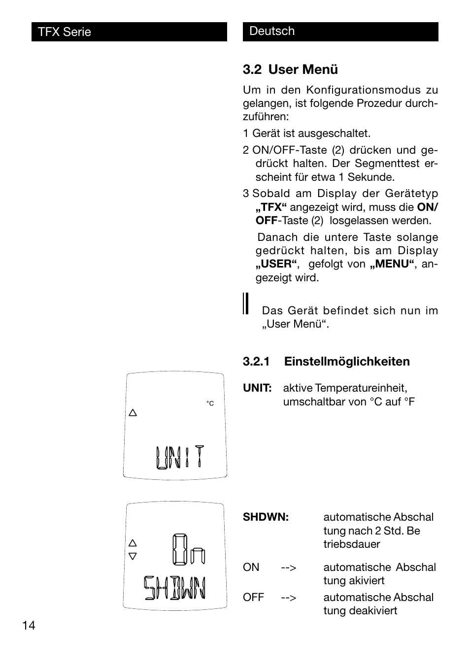 2 user menü | Xylem TFX Serie User Manual | Page 14 / 38