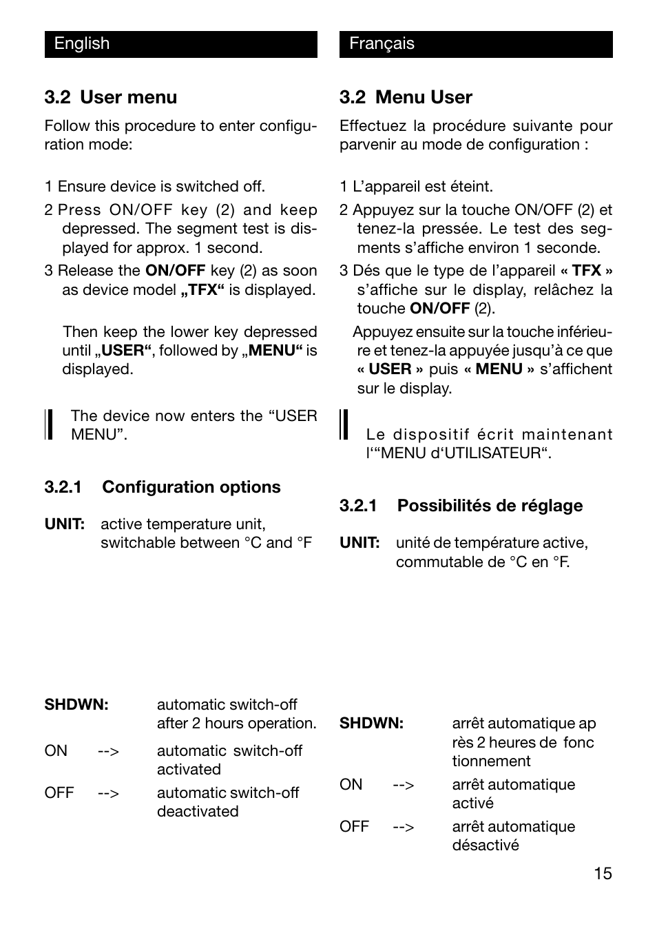 2 user menu, 2 menu user | Xylem TFX Serie User Manual | Page 15 / 38