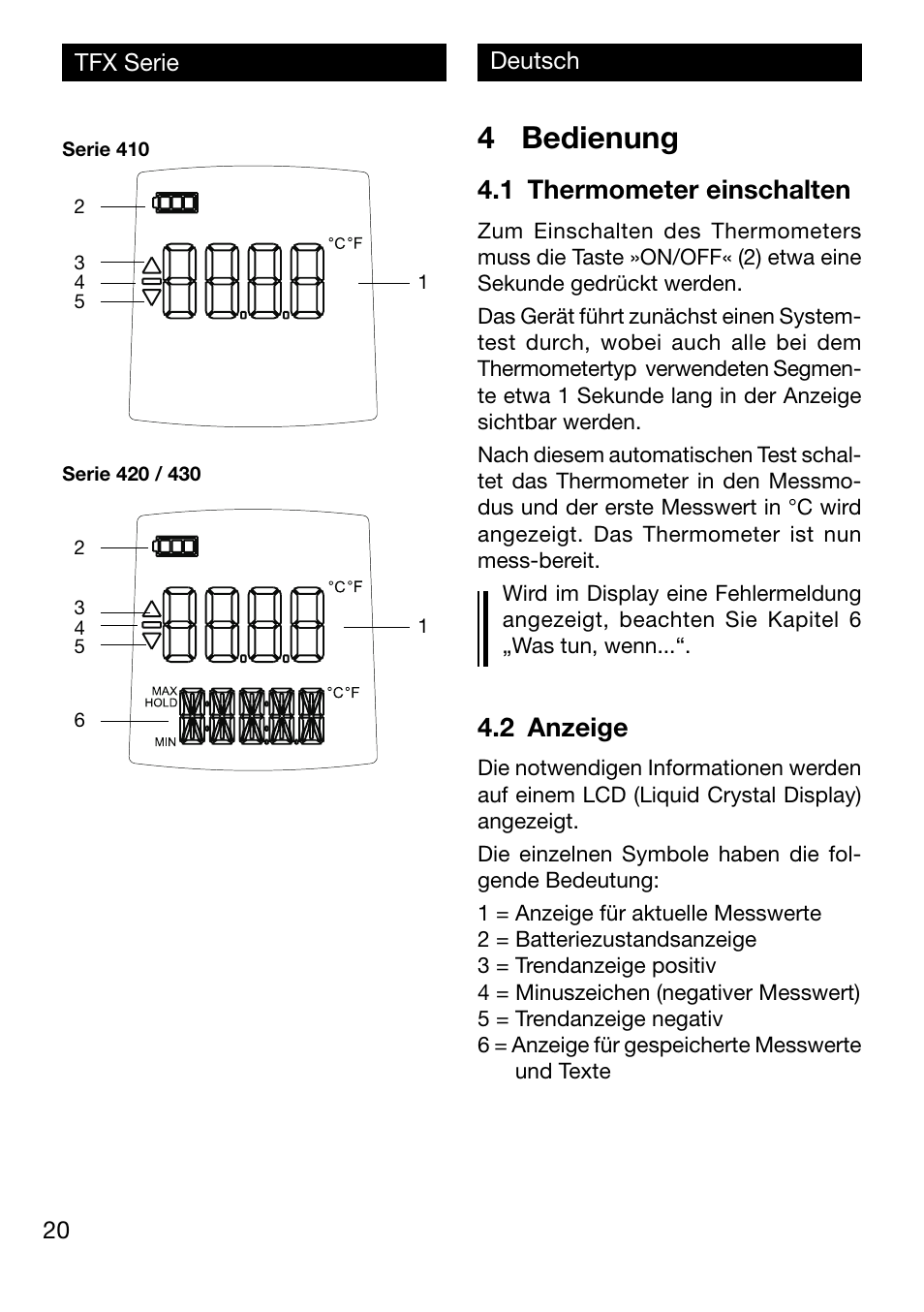 4 bedienung, 1 thermometer einschalten, 2 anzeige | Xylem TFX Serie User Manual | Page 20 / 38