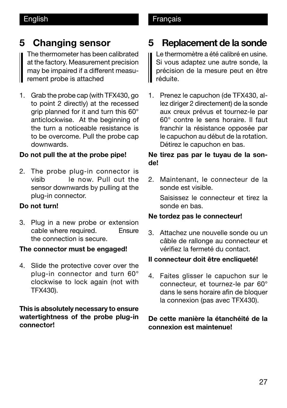 5 replacement de la sonde, 5 changing sensor | Xylem TFX Serie User Manual | Page 27 / 38