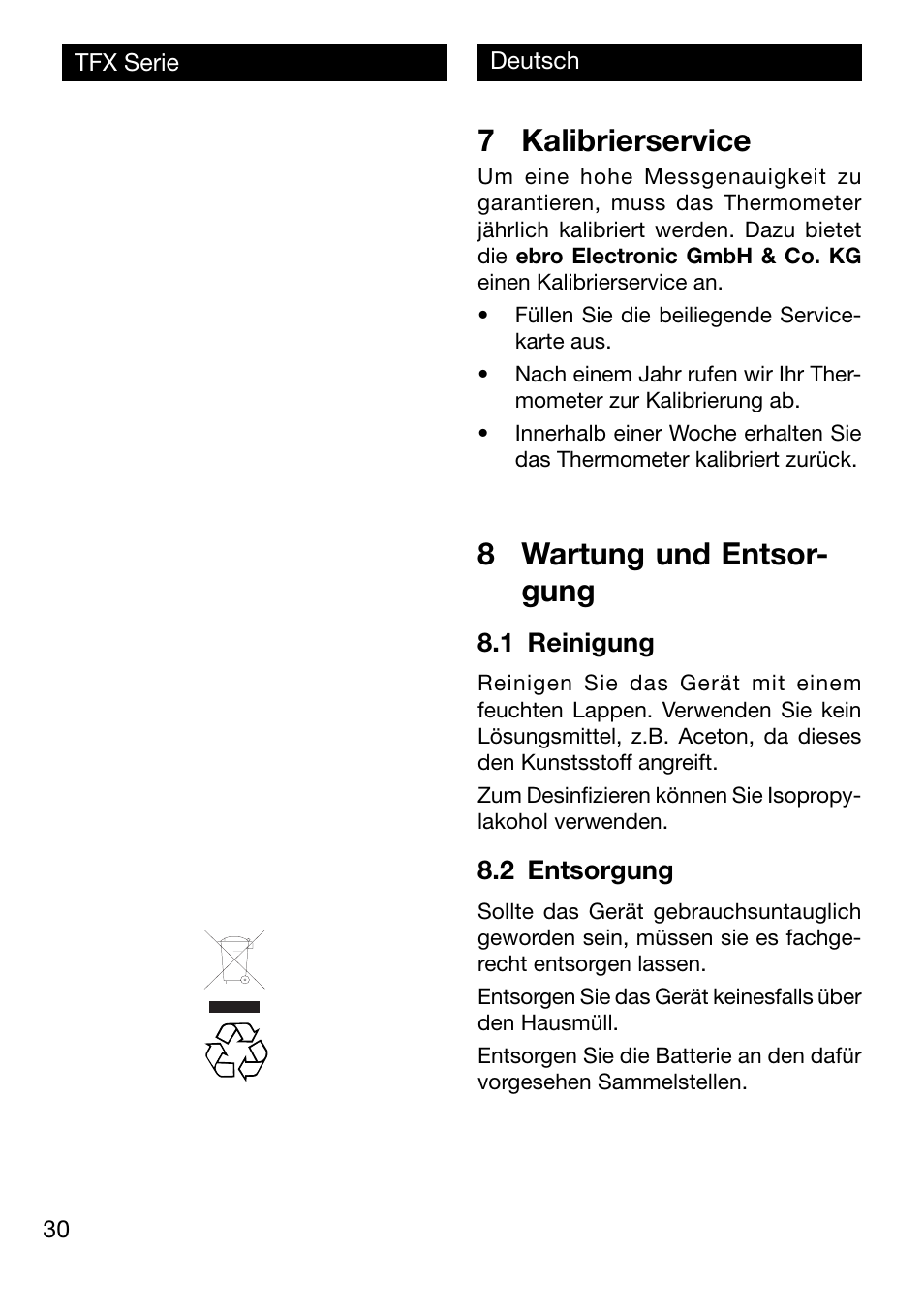 7 kalibrierservice, 8 wartung und entsor- gung | Xylem TFX Serie User Manual | Page 30 / 38