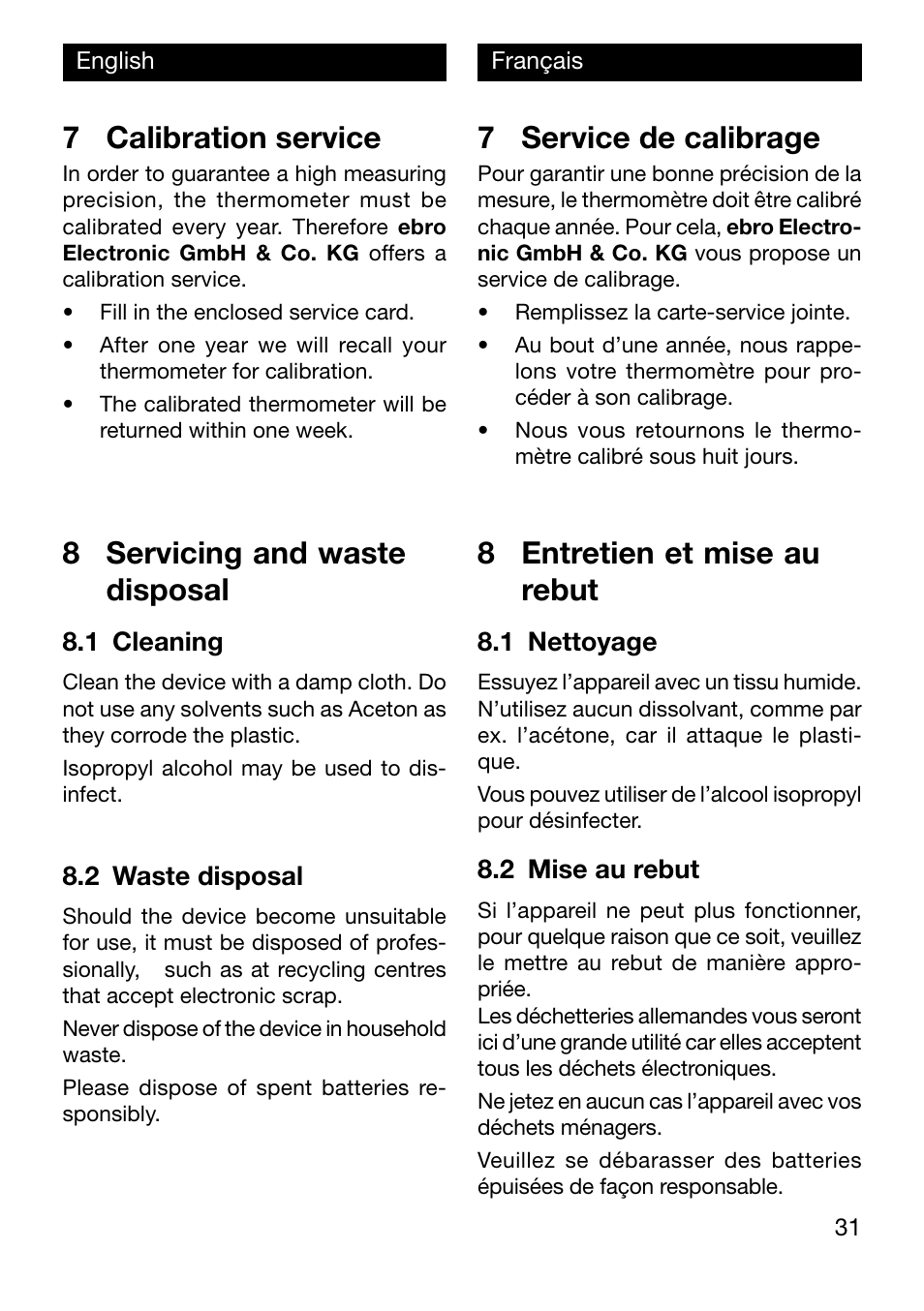 7 calibration service, 7 service de calibrage, 8 entretien et mise au rebut | 8 servicing and waste disposal | Xylem TFX Serie User Manual | Page 31 / 38