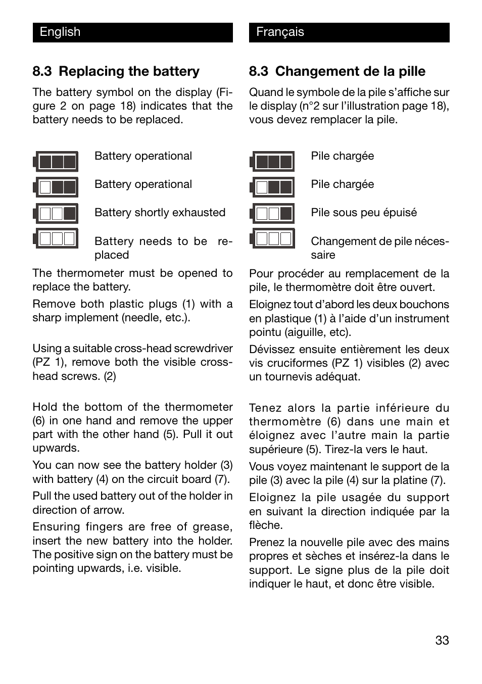 3 changement de la pille, 3 replacing the battery | Xylem TFX Serie User Manual | Page 33 / 38