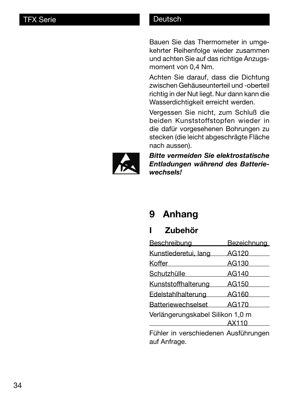 9 anhang, I zubehör | Xylem TFX Serie User Manual | Page 34 / 38