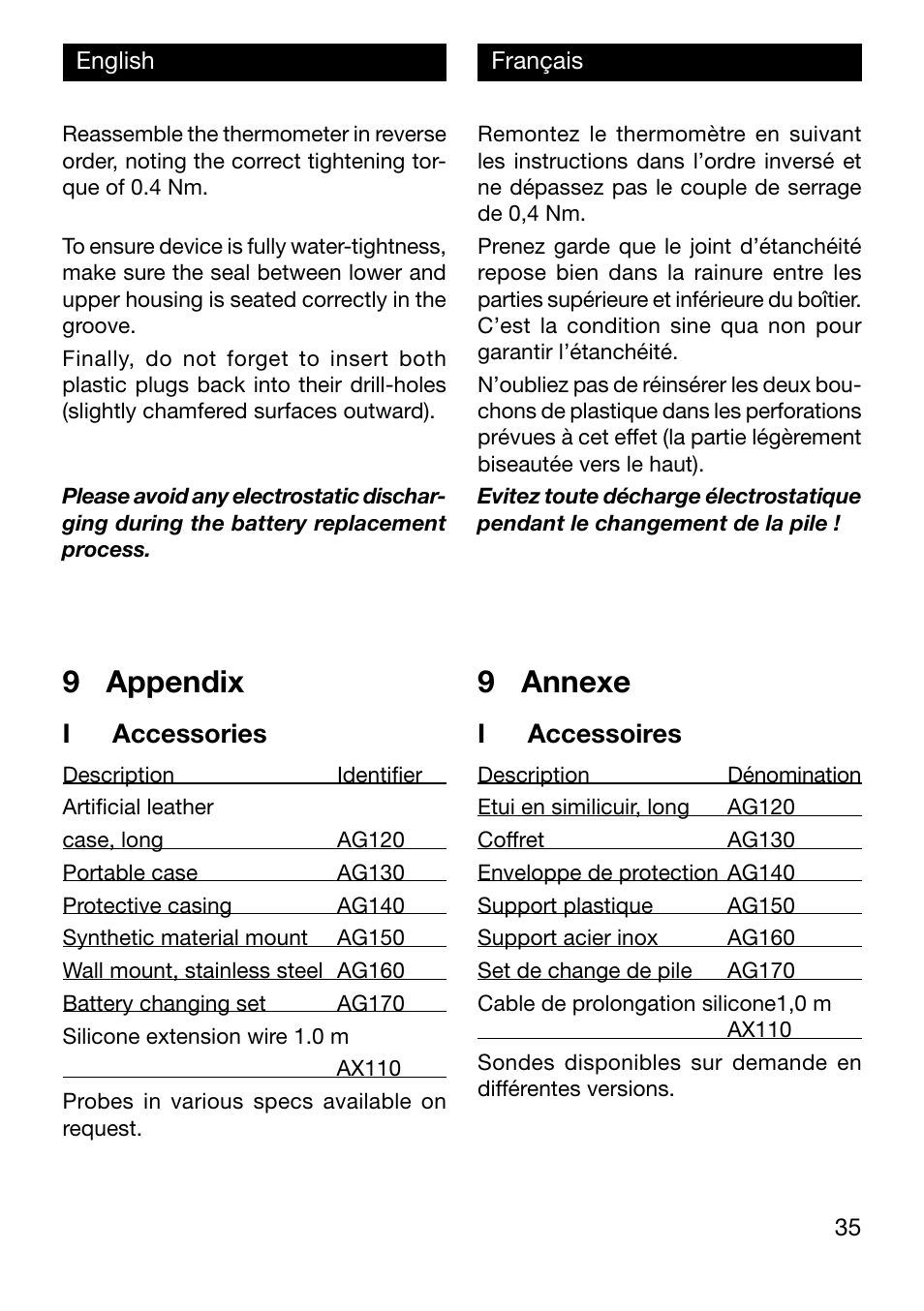 9 annexe, 9 appendix, I accessoires | I accessories | Xylem TFX Serie User Manual | Page 35 / 38