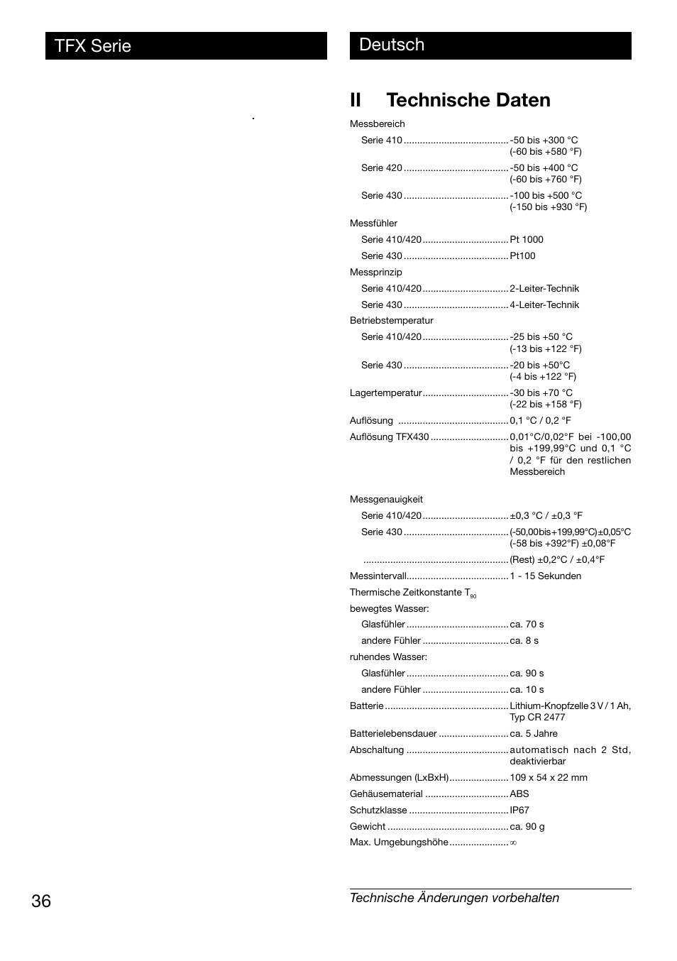 Ii technische daten, Tfx serie 36 deutsch, Technische änderungen vorbehalten | Xylem TFX Serie User Manual | Page 36 / 38