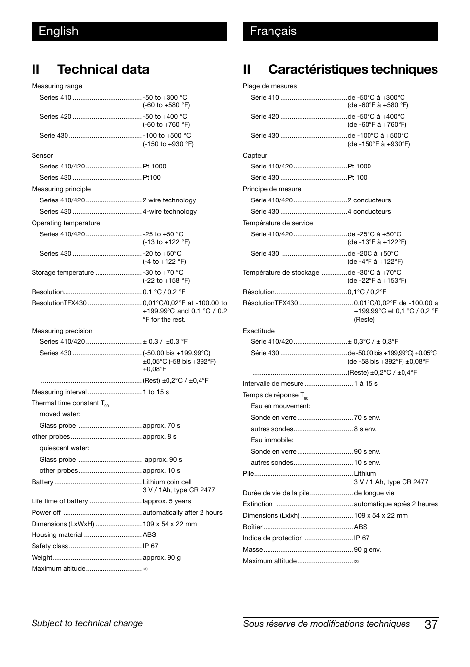 Ii technical data, Ii caractéristiques techniques, 37 english français | Xylem TFX Serie User Manual | Page 37 / 38