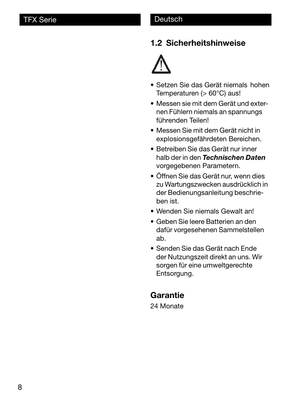 2 sicherheitshinweise, Garantie | Xylem TFX Serie User Manual | Page 8 / 38