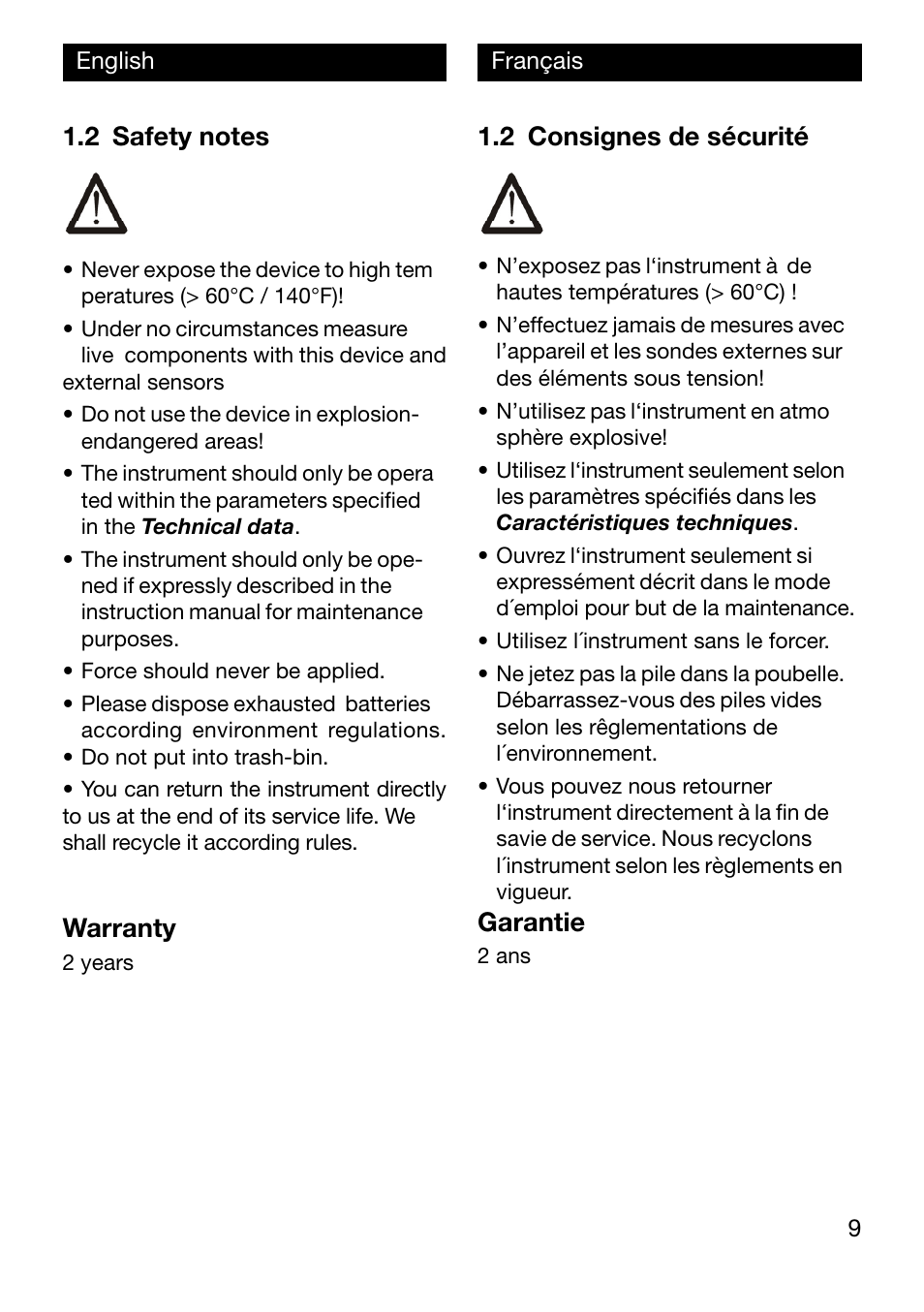 Warranty, 2 consignes de sécurité, Garantie | Xylem TFX Serie User Manual | Page 9 / 38