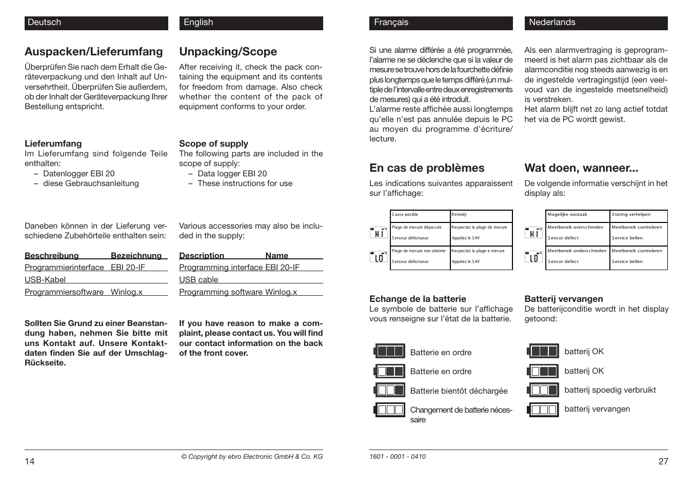 Unpacking/scope, Auspacken/lieferumfang, En cas de problèmes | Wat doen, wanneer | Xylem EBI 20 Serie User Manual | Page 14 / 20