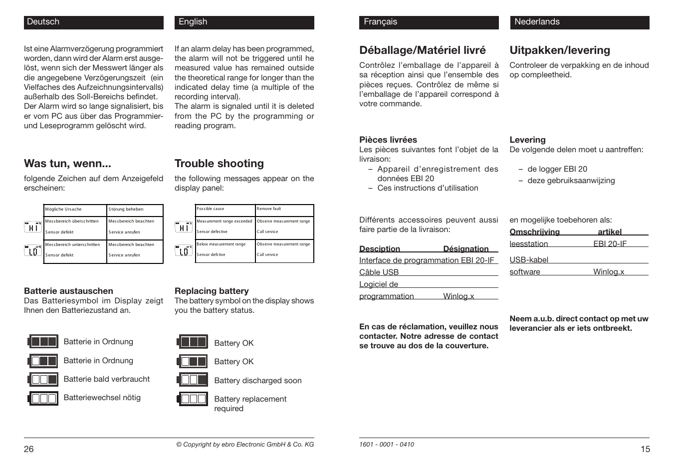 Was tun, wenn, Trouble shooting, Déballage/matériel livré | Uitpakken/levering | Xylem EBI 20 Serie User Manual | Page 15 / 20