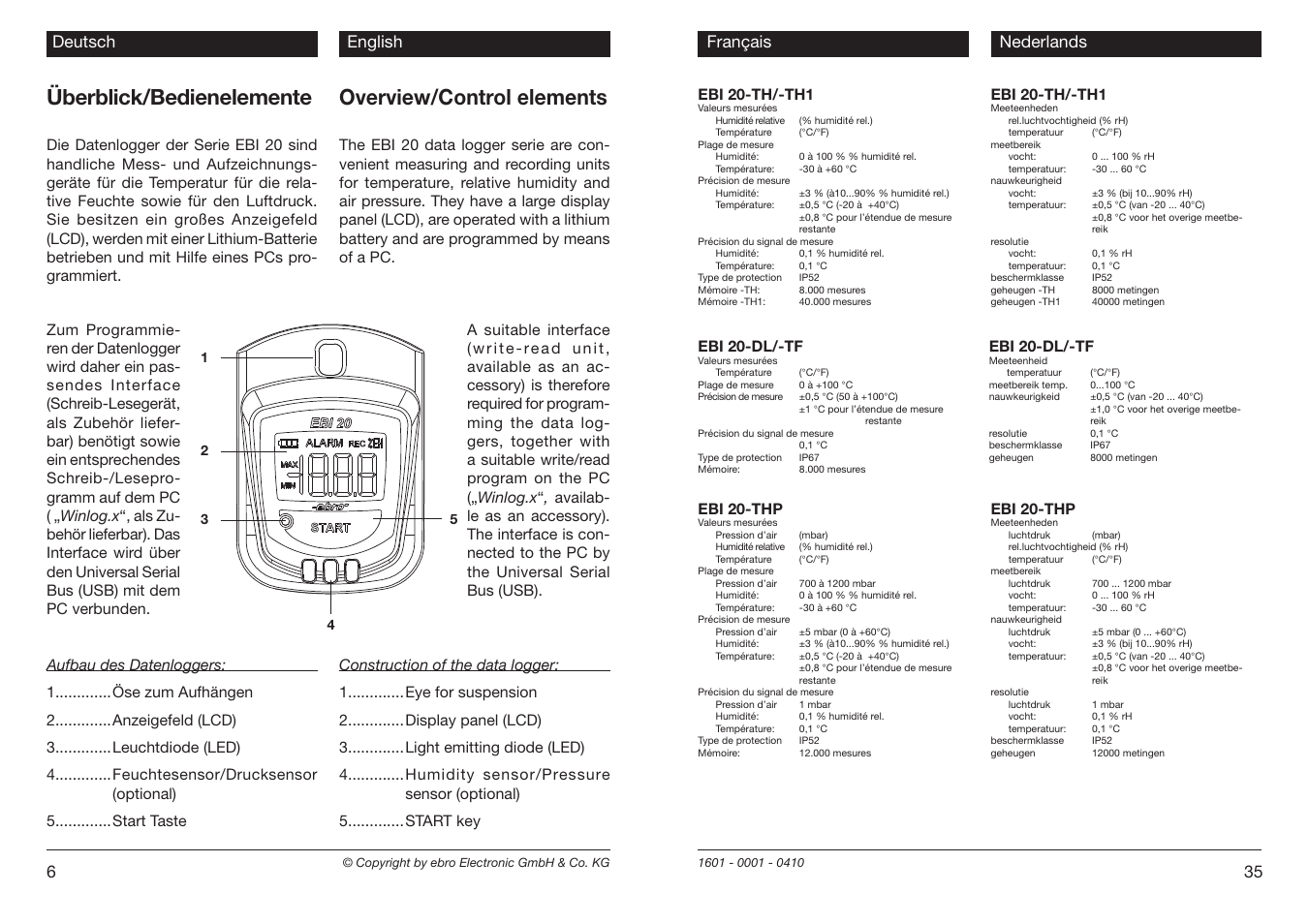 Überblick/bedienelemente, Overview/control elements, Nederlands 6 deutsch english | 35 français, Nederlands | Xylem EBI 20 Serie User Manual | Page 6 / 20