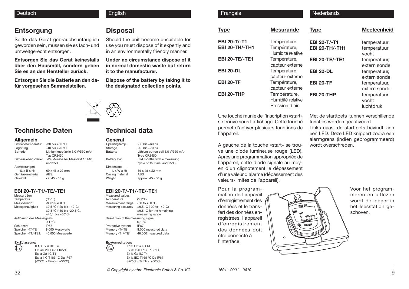 Entsorgung, Disposal, Technische daten | Technical data | Xylem EBI 20 Serie User Manual | Page 9 / 20