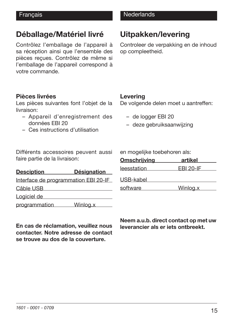 Déballage/matériel livré, Uitpakken/levering | Xylem EBI 20-TF User Manual | Page 15 / 40