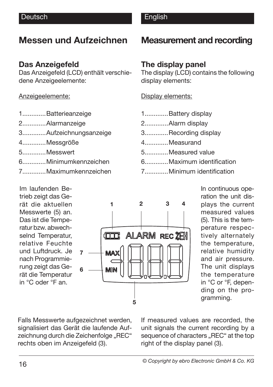 Measurement and recording, Messen und aufzeichnen, Das anzeigefeld | The display panel | Xylem EBI 20-TF User Manual | Page 16 / 40