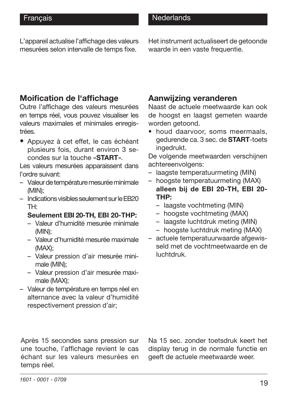 Moifi cation de l‘affi chage, Aanwijzing veranderen | Xylem EBI 20-TF User Manual | Page 19 / 40