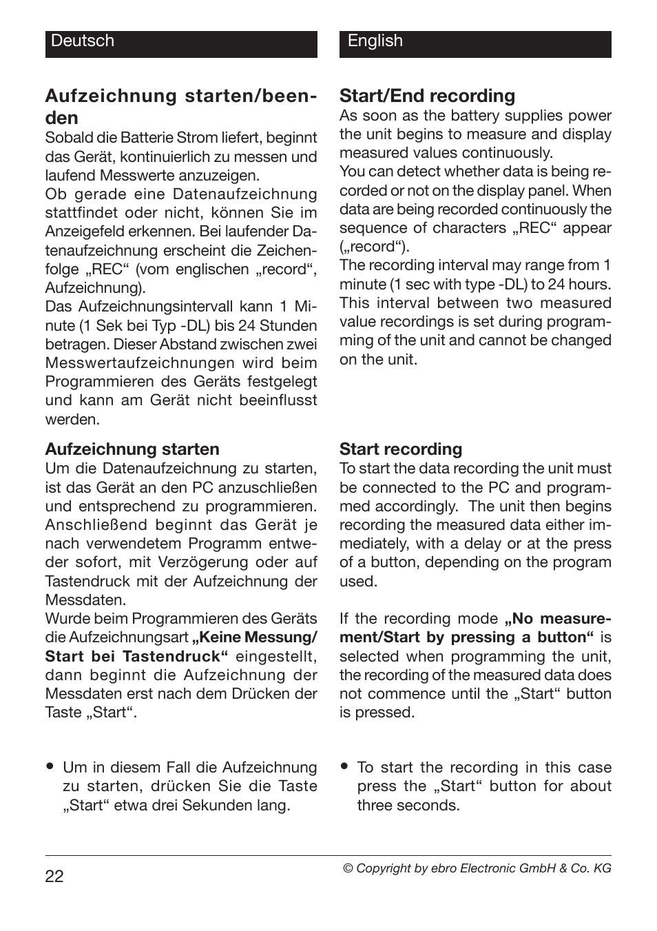 Start/end recording, Aufzeichnung starten/been- den | Xylem EBI 20-TF User Manual | Page 22 / 40