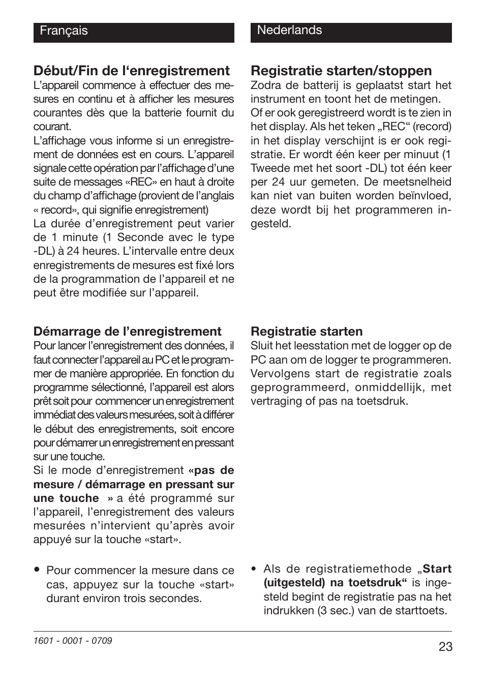 Début/fin de l‘enregistrement, Registratie starten/stoppen | Xylem EBI 20-TF User Manual | Page 23 / 40