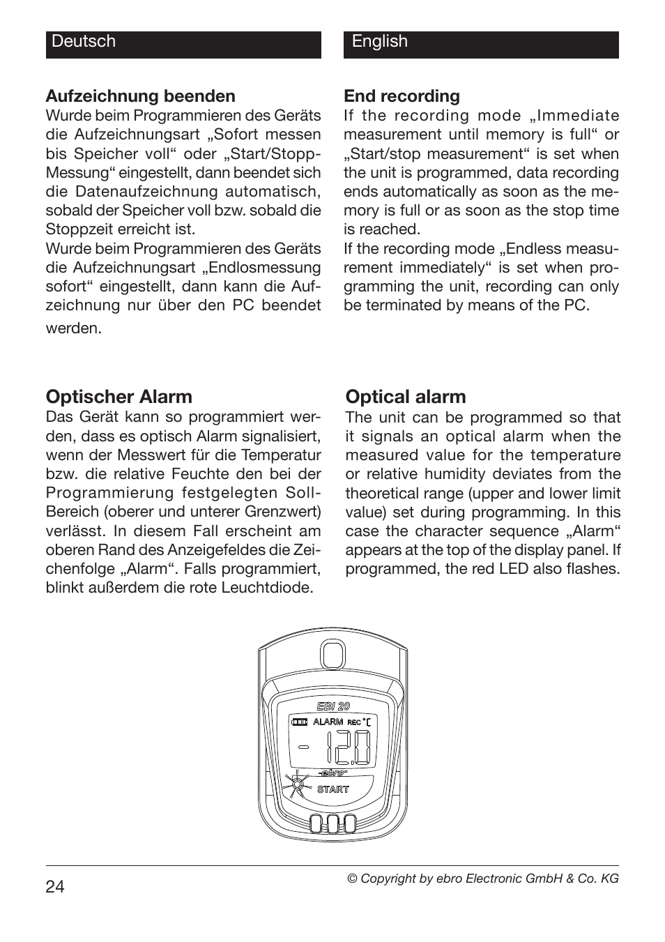 Optischer alarm, Optical alarm | Xylem EBI 20-TF User Manual | Page 24 / 40