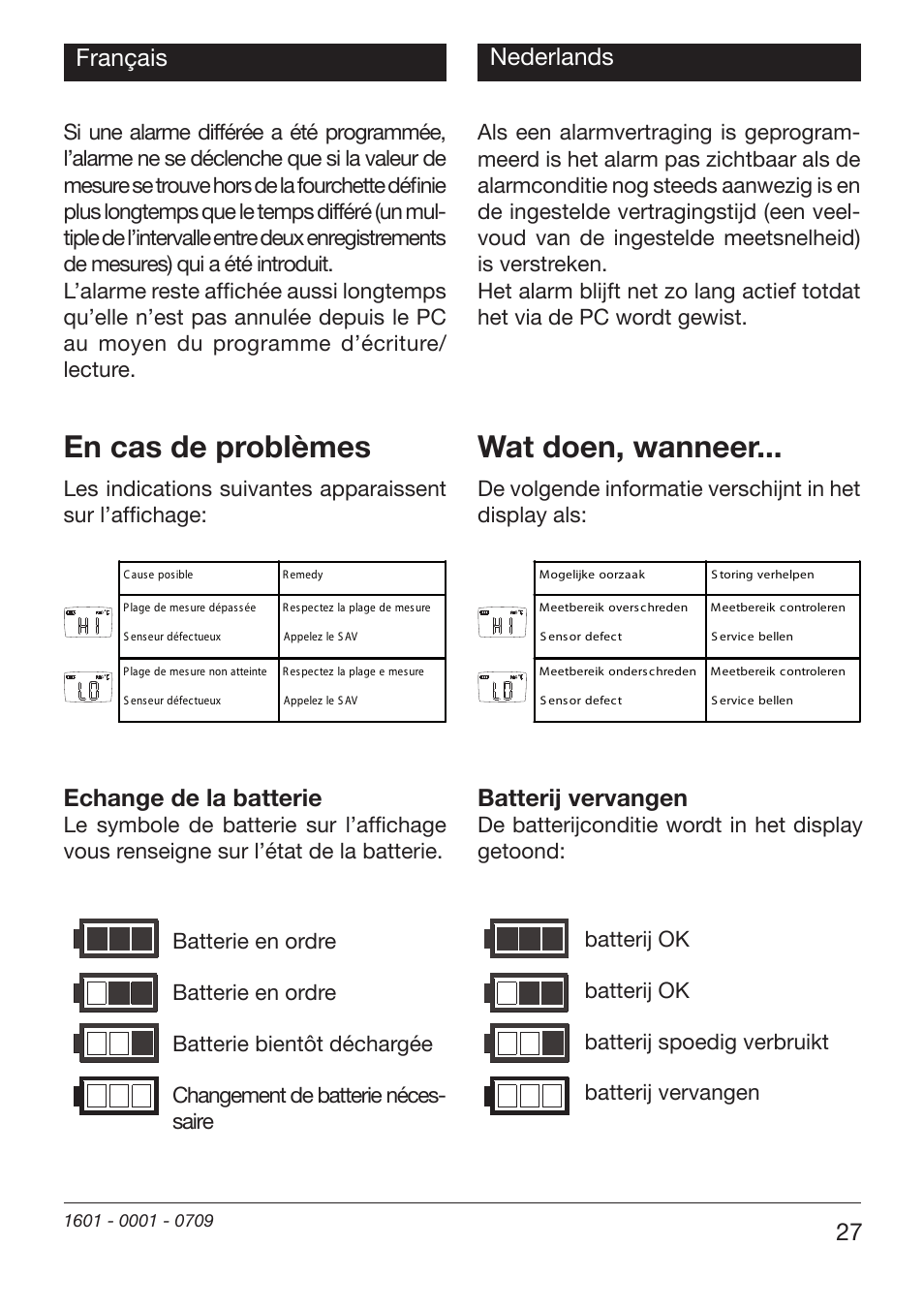 En cas de problèmes, Wat doen, wanneer, 27 français | Nederlands, Echange de la batterie, Batterij vervangen, De batterijconditie wordt in het display getoond | Xylem EBI 20-TF User Manual | Page 27 / 40