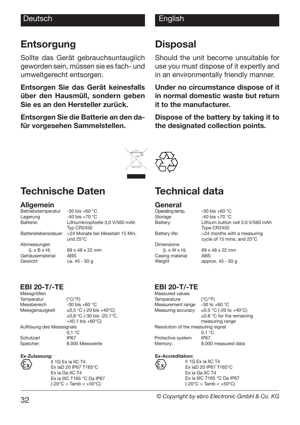 Entsorgung, Disposal, Technische daten | Technical data, Nederlands 32 deutsch english, Allgemein, General, Ebi 20-t/-te | Xylem EBI 20-TF User Manual | Page 32 / 40