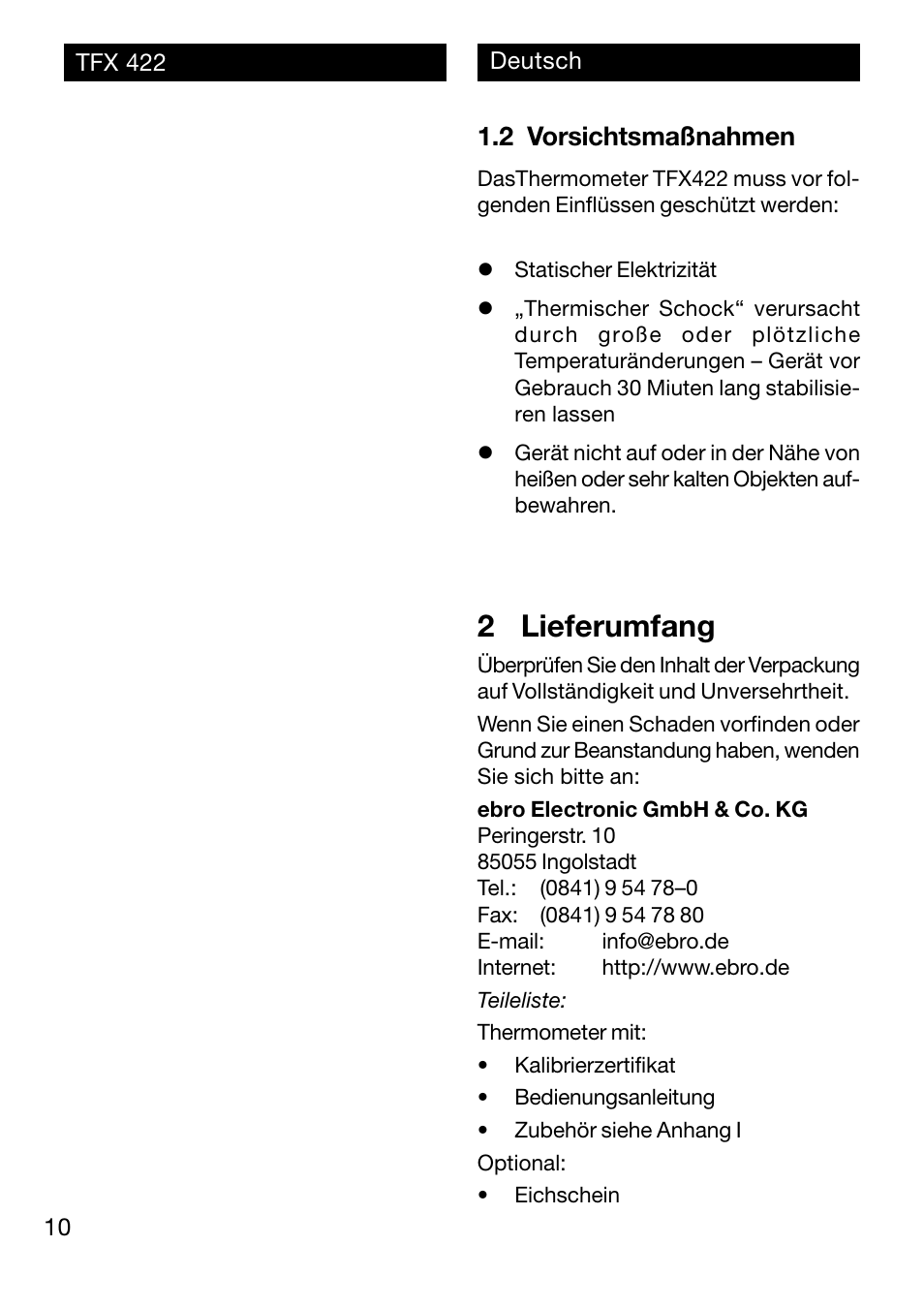2 lieferumfang, 2 vorsichtsmaßnahmen | Xylem TFX 422 User Manual | Page 10 / 36