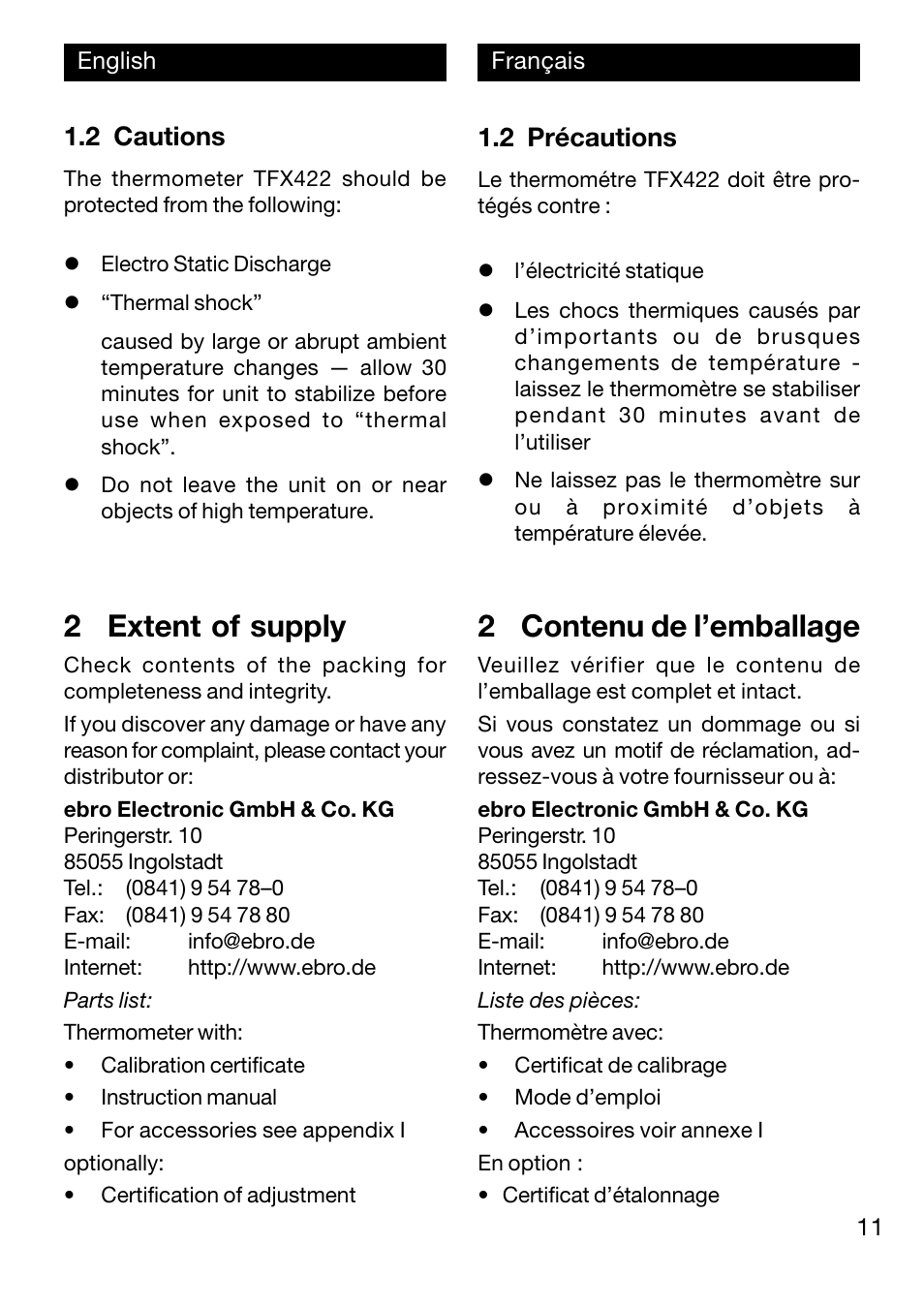 2 extent of supply, 2 contenu de l’emballage, 2 cautions | 2 précautions | Xylem TFX 422 User Manual | Page 11 / 36