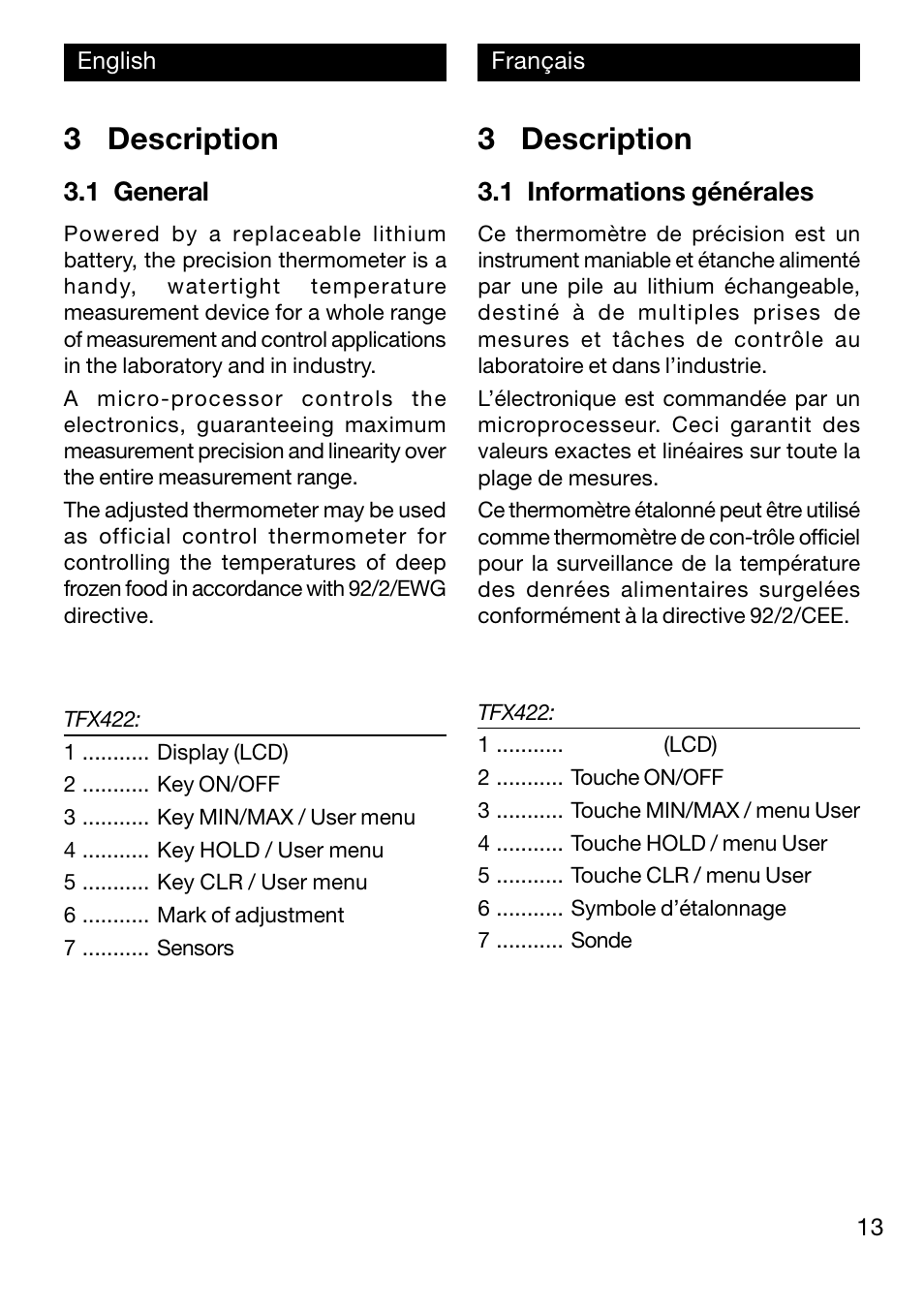 3 description, 1 general, 1 informations générales | Xylem TFX 422 User Manual | Page 13 / 36